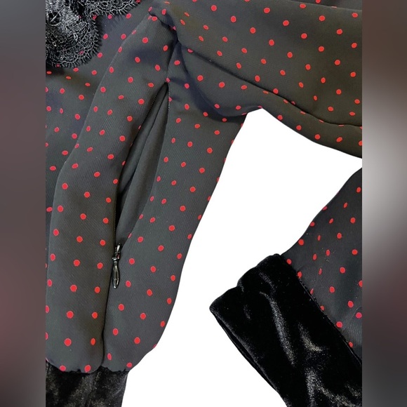 THE KOOPLES POLKA DOT BLACK RED LACE VELVET Long Sleeve DRESS - Picture 7 of 13